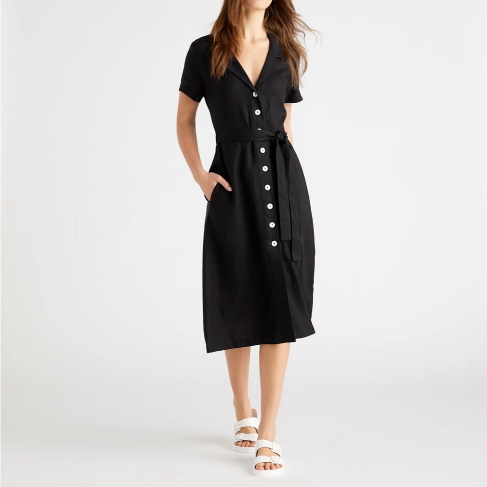 Quince Black Linen button front shirt dress